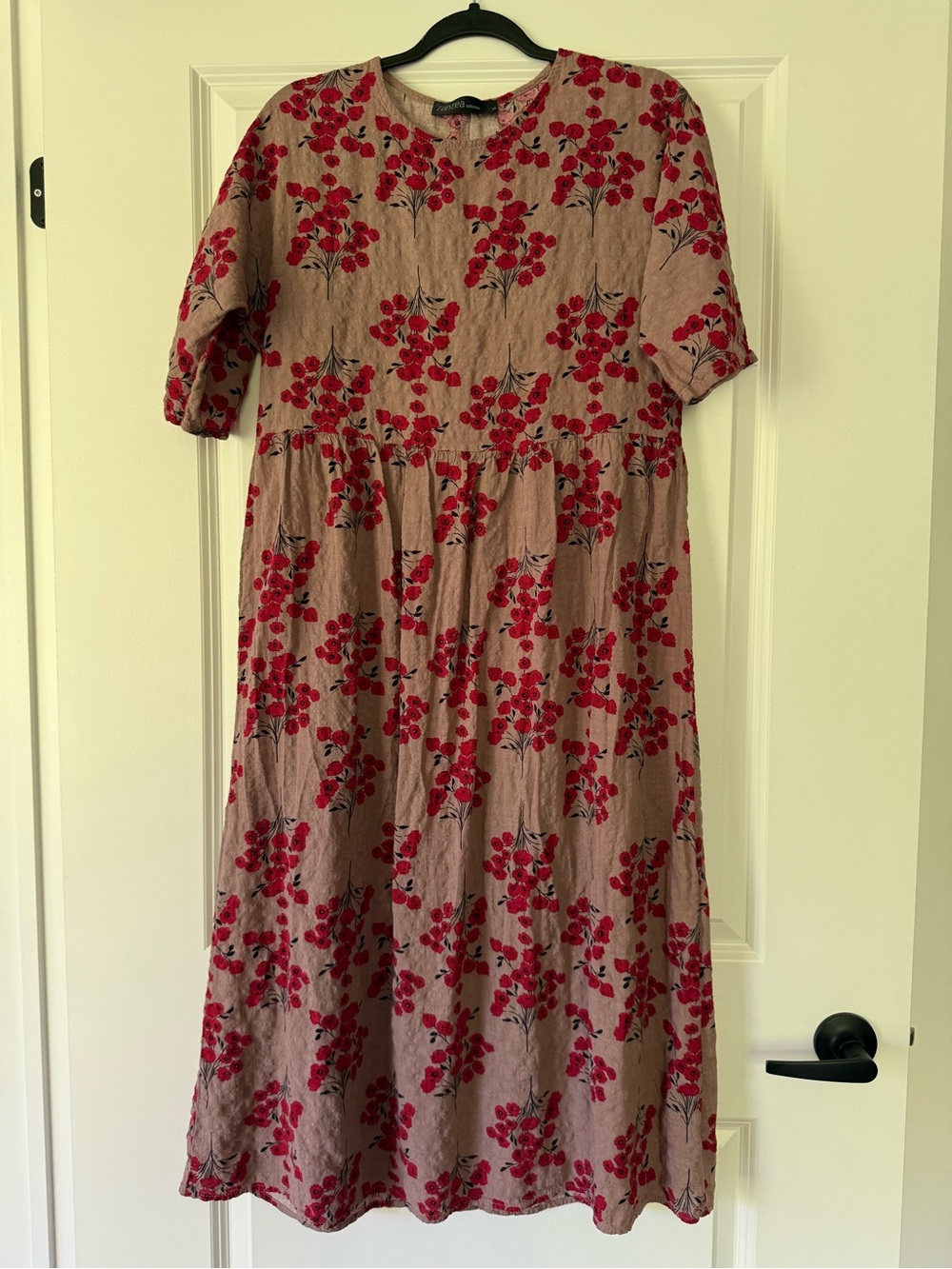 Zanzea Pink Floral Midi Dress with Red Blossom Print
